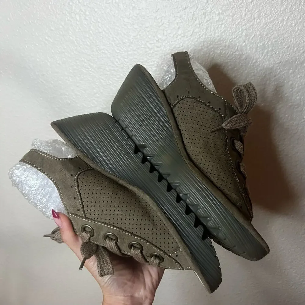 Fly London Yuta Wedge Sandals Taupe Perforated Lace-Up Open Toe 40 / US 9.5-10
